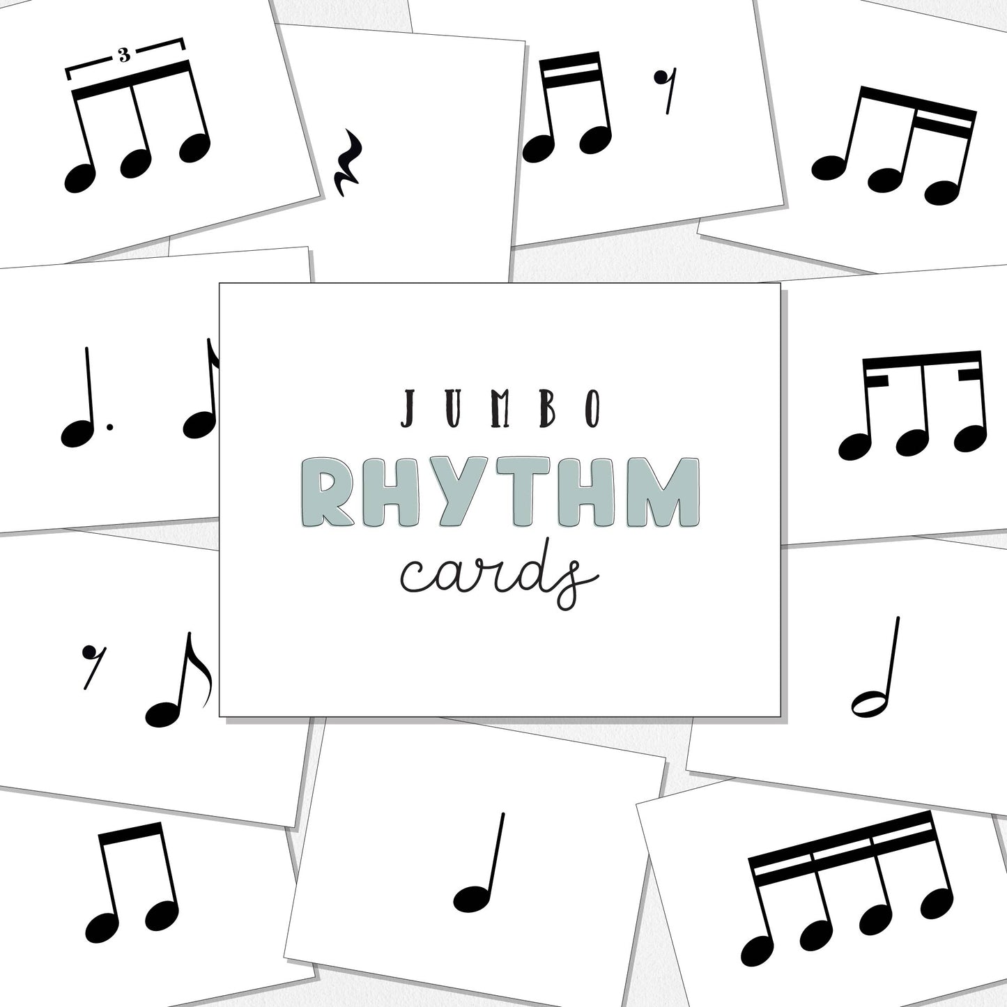 A set of white rhythm cards featuring black musical notes and a central card that reads 'JUMBO RHYTHM CARDS' in black and light green text, shown with several overlapping cards on a neutral colored background.