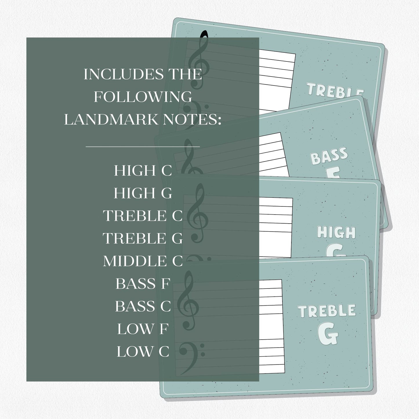 Four music theory flashcards with a text overlay that says "Includes the following landmark notes: High C, High G, Treble C, Treble G, Middle C, Bass F, Bass, C, Low F, Low C." Shown on a neutral colored background.