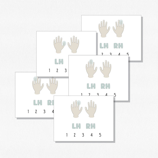 A Set of five cards showing a pair of hands for practicing finger numbers. Shown on a neutral colored background.
