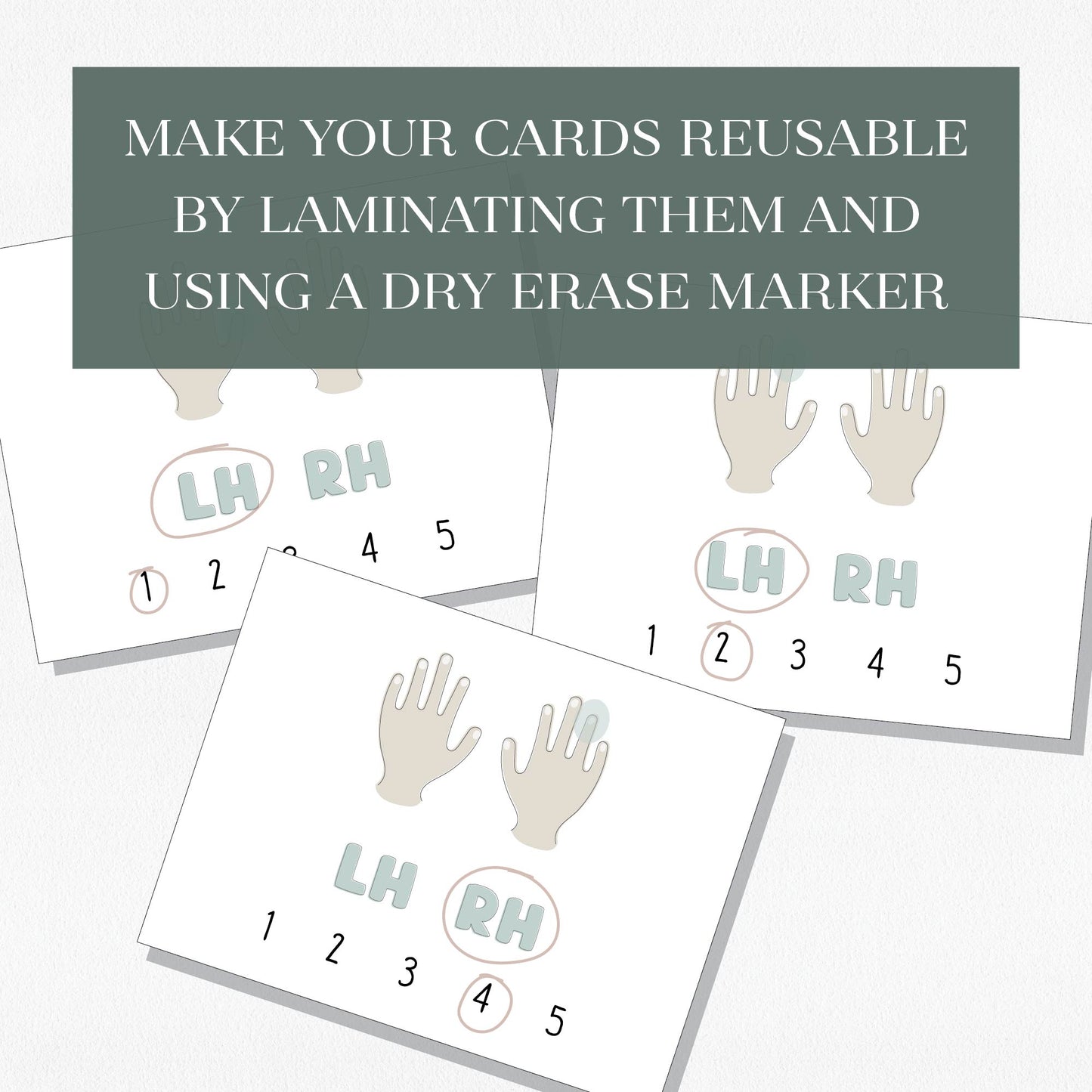 An example of three Mystery Fingers cards filled out, with a text overlay that says "Make your cards reusable by laminating them and using a dry erase marker." Shown on a neutral colored background.