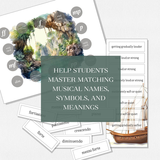 Spread of the pieces included in the Pirate Escape game and a text overlay that says "Help students master matching musical names, symbols, and meanings." Shown on a neutral colored background.