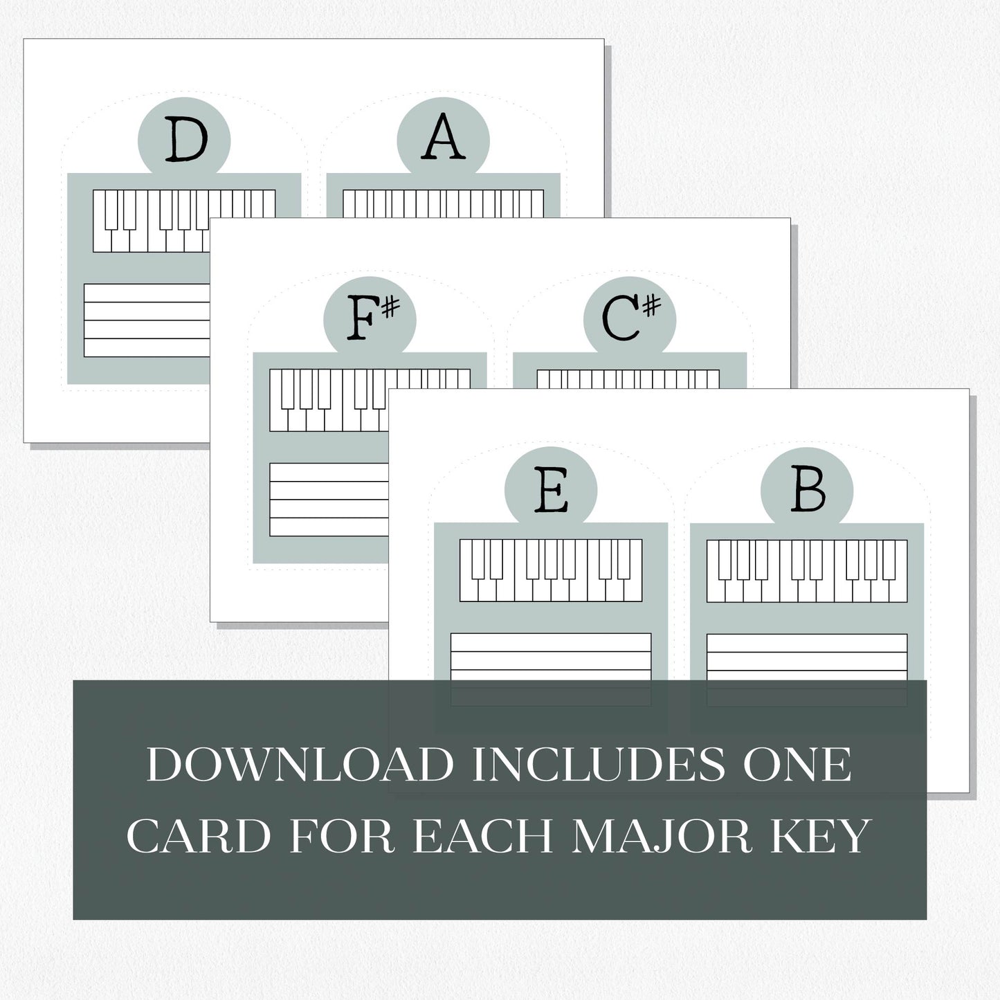 Three pages with music theory card prints of keyboards and staffs and a text overlay that says "Download includes one card for each major key." Shown on a neutral colored background.