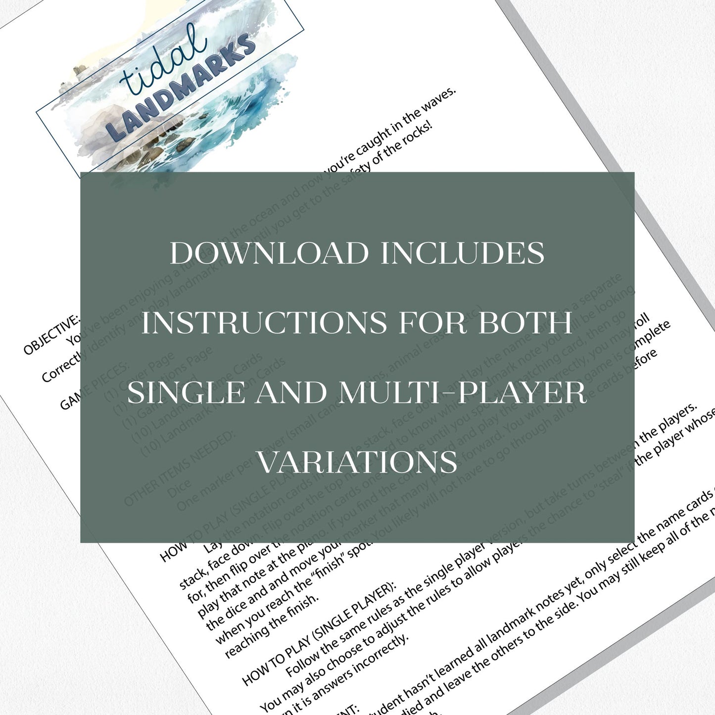 A view of the Tidal Landmarks instructions page with a text overlay that says "Download includes instructions for both single and multiplayer variations." Shown on a neutral colored background.