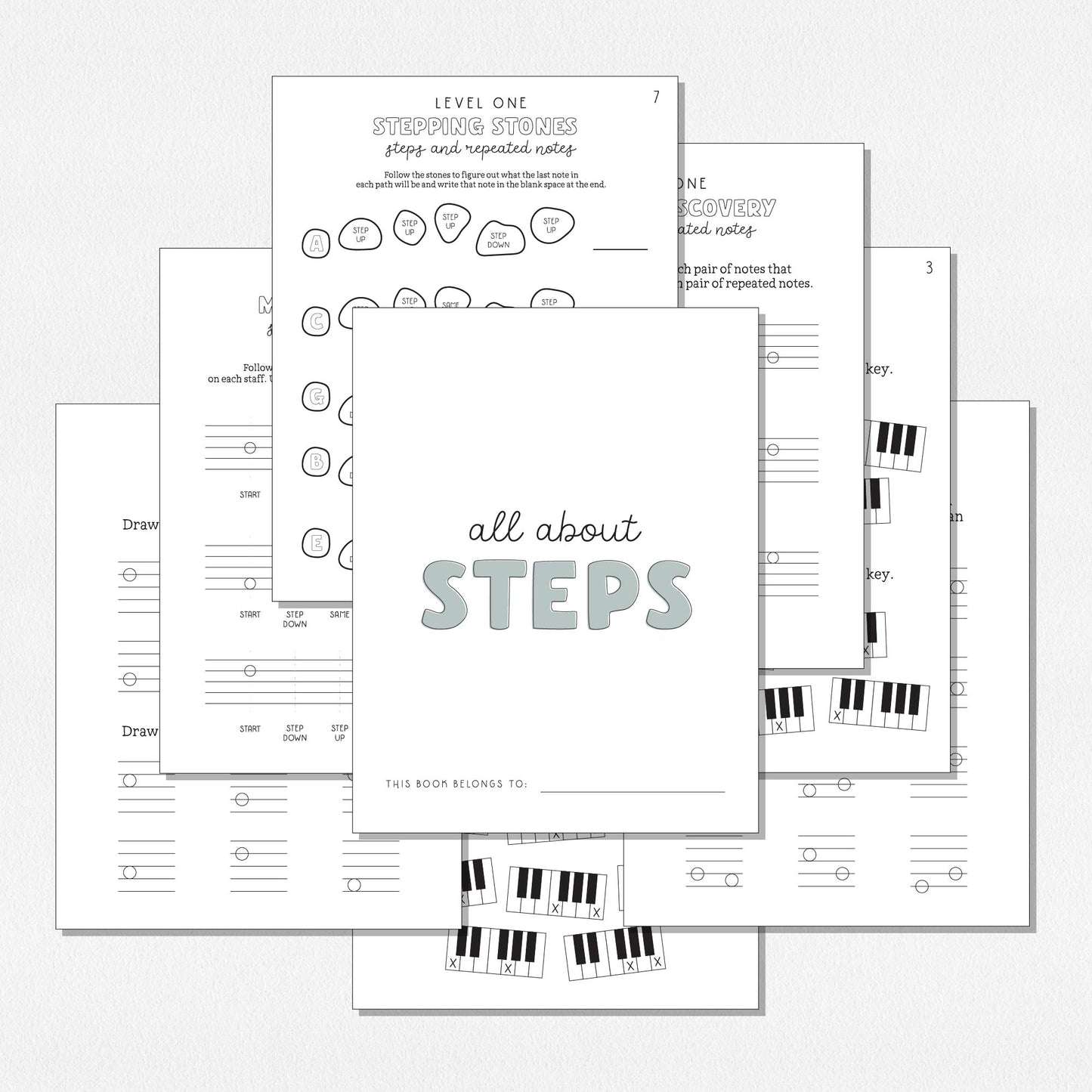 Spread of theory worksheets with the title of the front page saying "All About Steps." Shown on a neutral colored background.