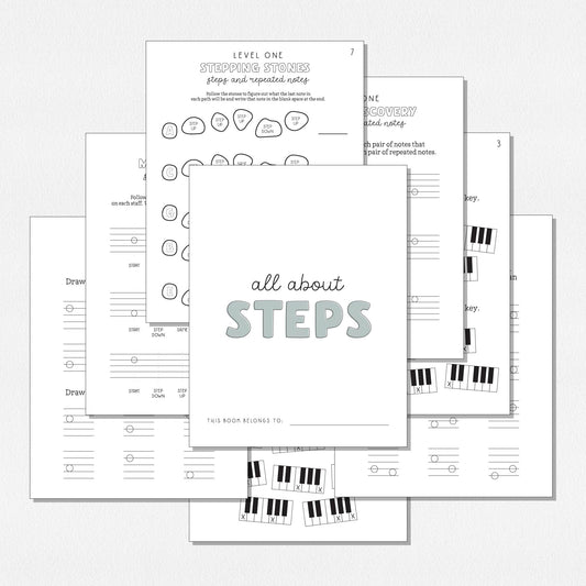 Spread of theory worksheets with the title of the front page saying "All About Steps." Shown on a neutral colored background.