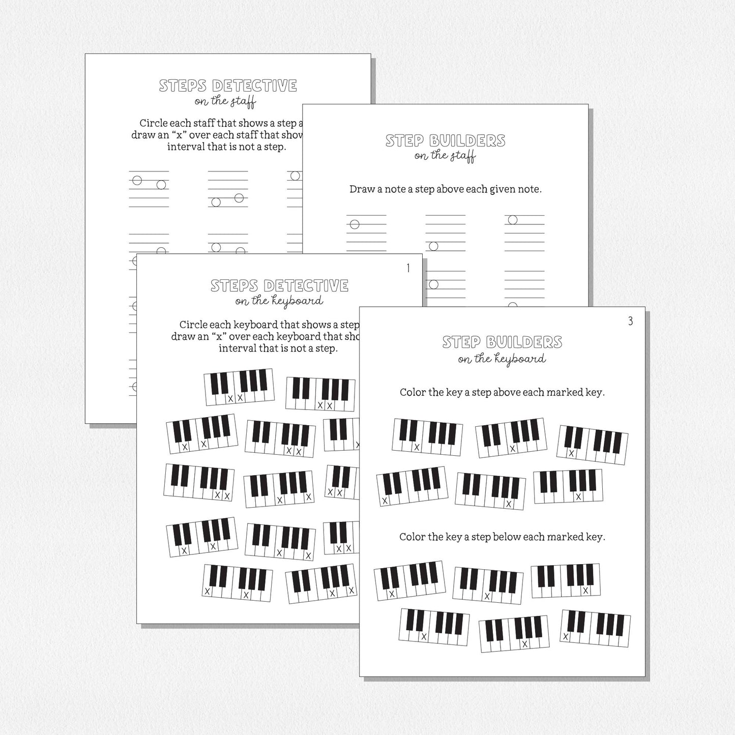 A spread of music theory worksheets shown on a neutral colored background.