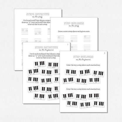 A spread of music theory worksheets shown on a neutral colored background.