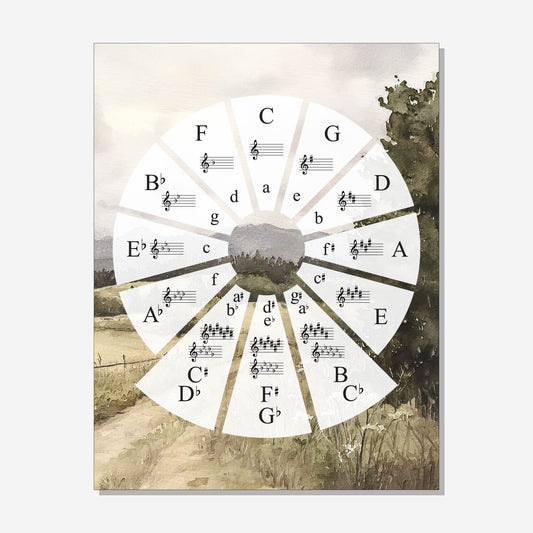 Circle of Fifths chart with a painted landscape background