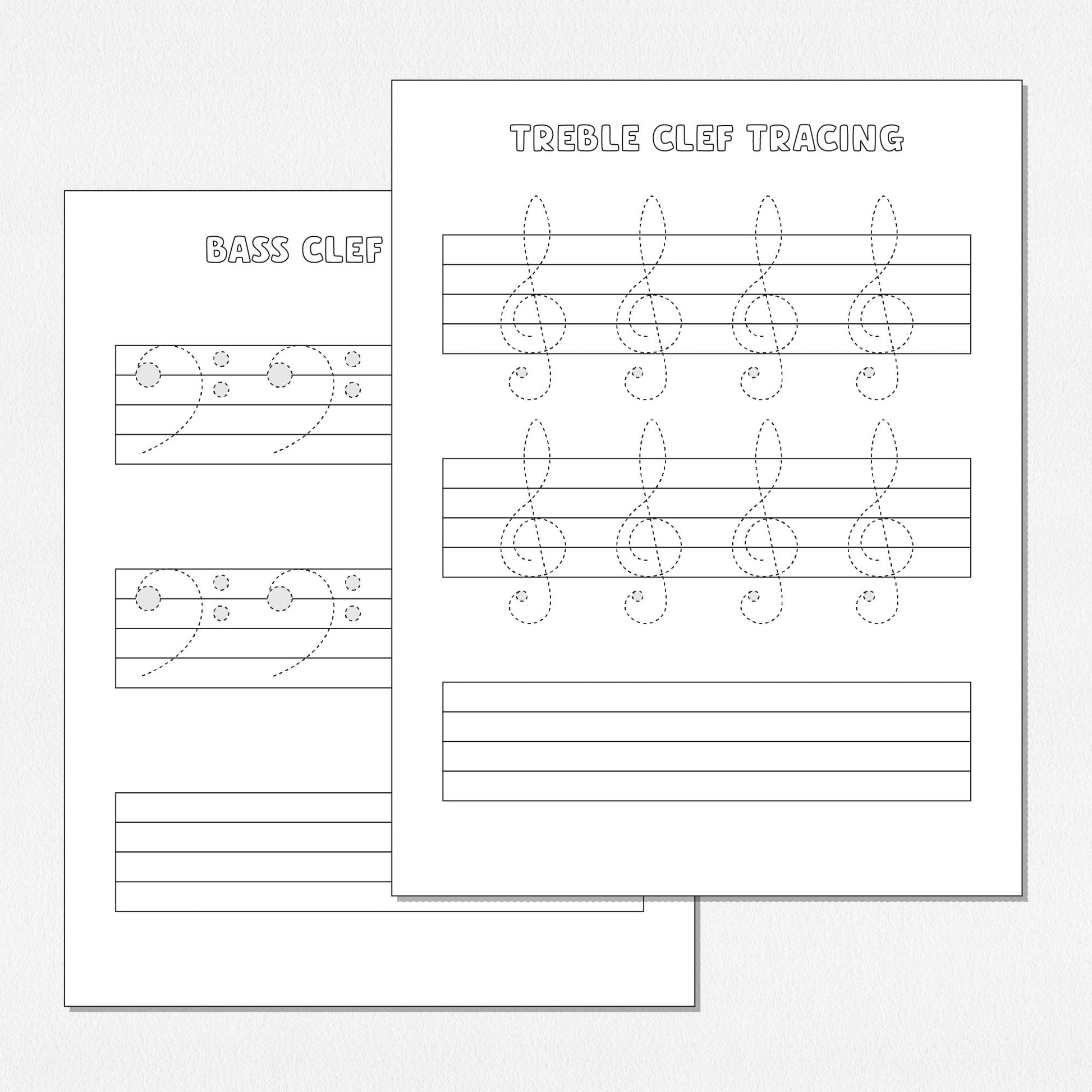 Two worksheets, one for tracing and drawing treble clefs and one for tracing and drawing bass clefs. Shown on a neutral colored background.