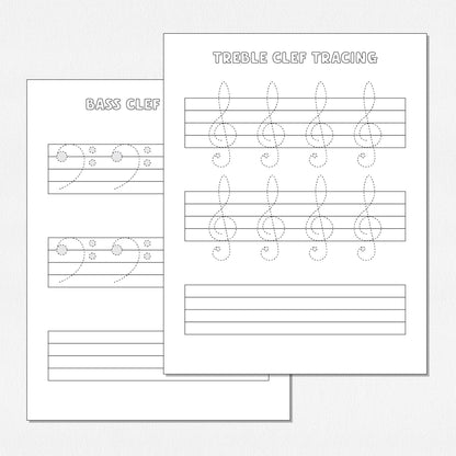 Two worksheets, one for tracing and drawing treble clefs and one for tracing and drawing bass clefs. Shown on a neutral colored background.
