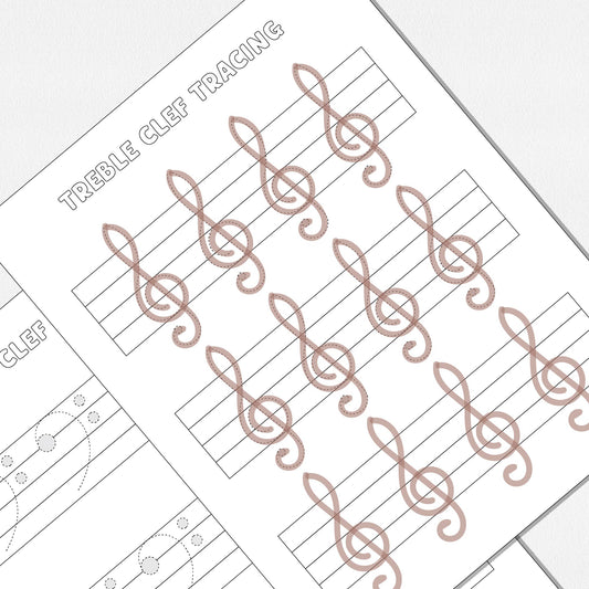 A close up view of two worksheets, one for tracing and drawing treble clefs and one for tracing and drawing bass clefs. Shown on a neutral colored background.