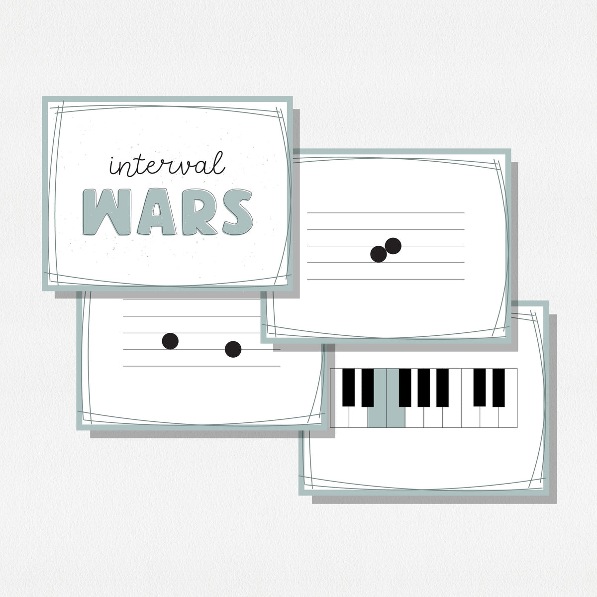 Four square cards of a music card game showing music notes on a staff, a piano keyboard, and a cover card with text that says "Interval Wars." Shown on a neutral colored background