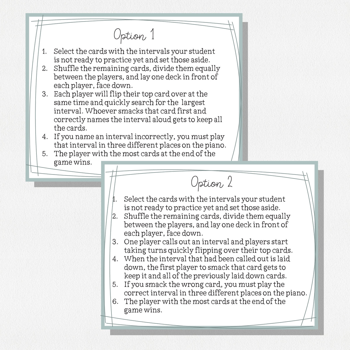 Two cards showing two different options for playing the game "Interval Wars."