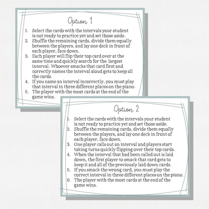 Two cards showing two different options for playing the game "Interval Wars."