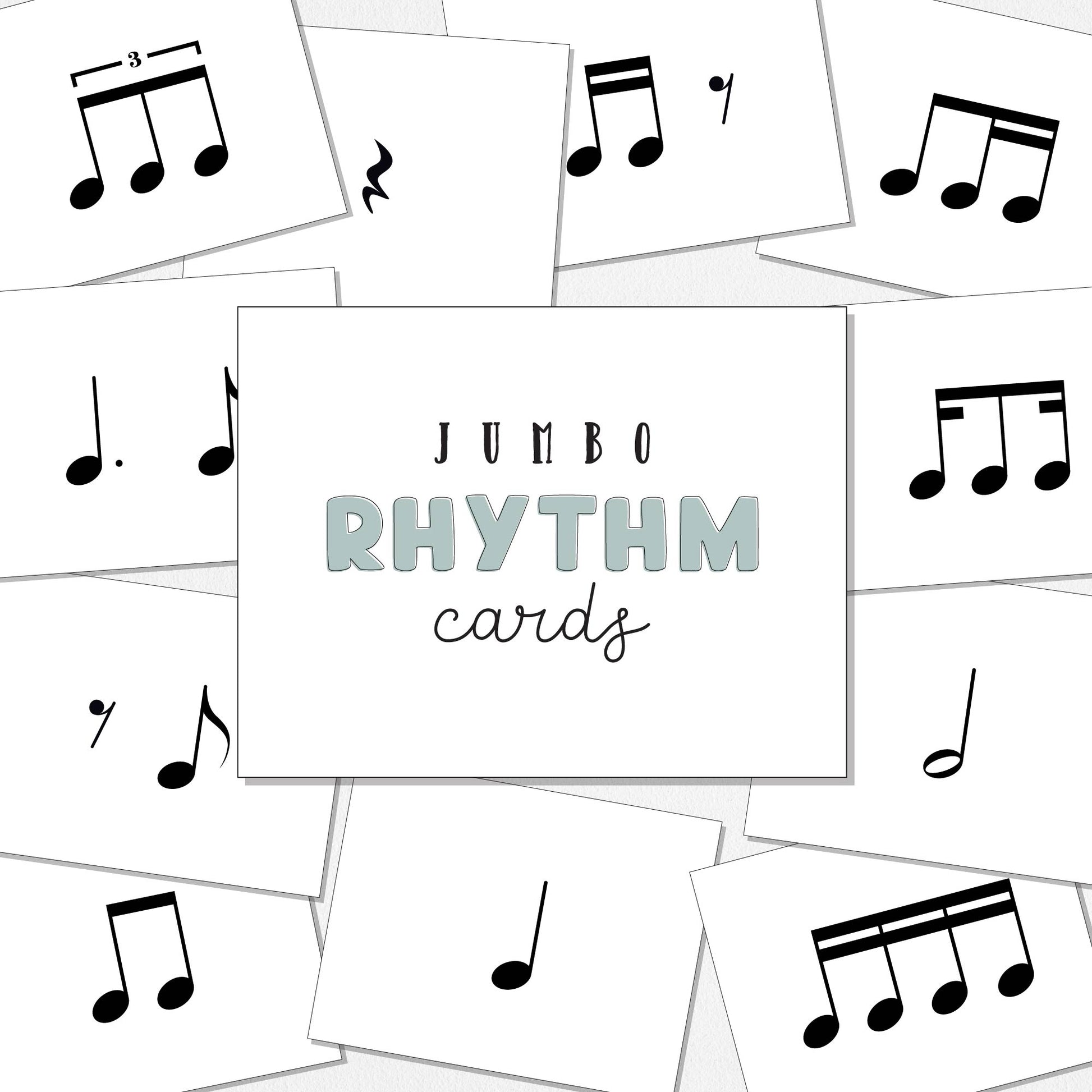 A set of white rhythm cards featuring black musical notes and a central card that reads 'JUMBO RHYTHM CARDS' in black and light green text, shown with several overlapping cards on a neutral colored background.