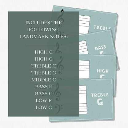 Four music theory flashcards with a text overlay that says "Includes the following landmark notes: High C, High G, Treble C, Treble G, Middle C, Bass F, Bass, C, Low F, Low C." Shown on a neutral colored background.