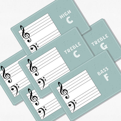 Six music theory flashcards on a neutral colored background.