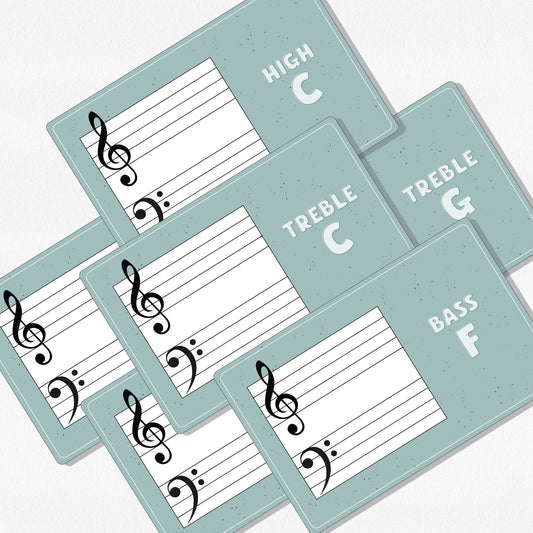 Six music theory flashcards on a neutral colored background.