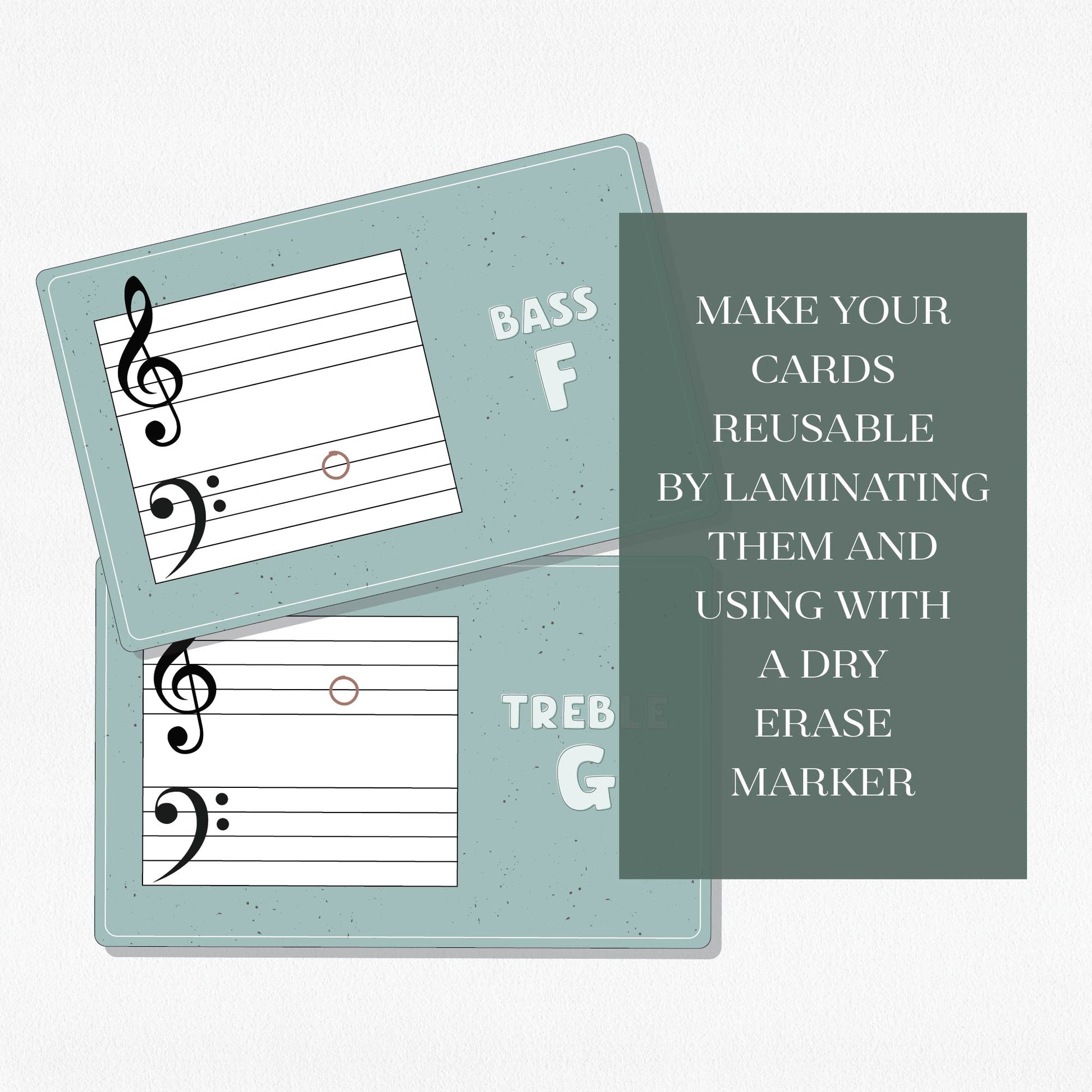 Two music theory flashcards with a text overlay that says, "Make your cards reusable by laminating them and using with a dry erase marker." Shown on a neutral colored background.