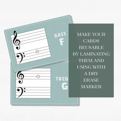Two music theory flashcards with a text overlay that says, "Make your cards reusable by laminating them and using with a dry erase marker." Shown on a neutral colored background.