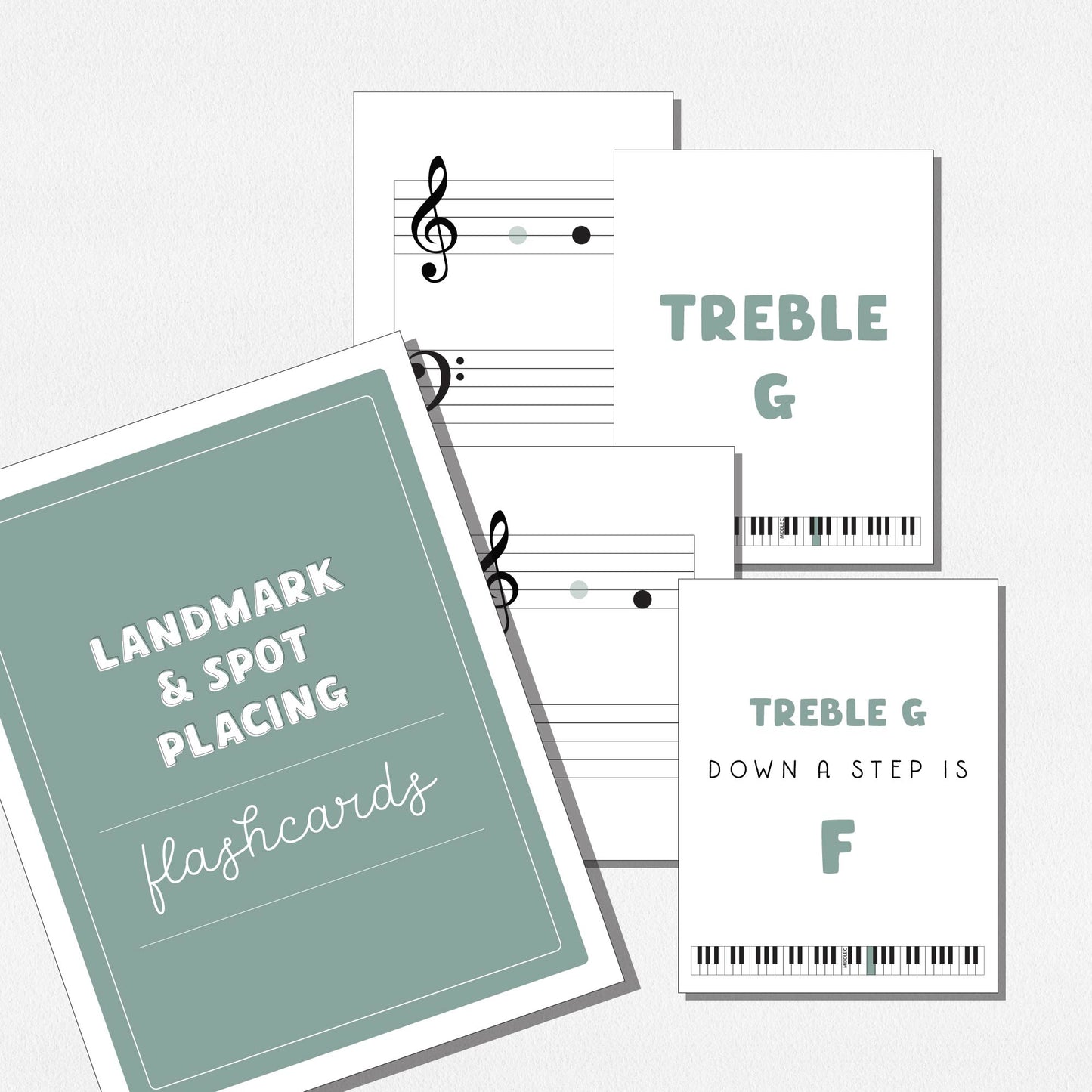 Flashcards with music notes on the grand staff, shown on a neutral background