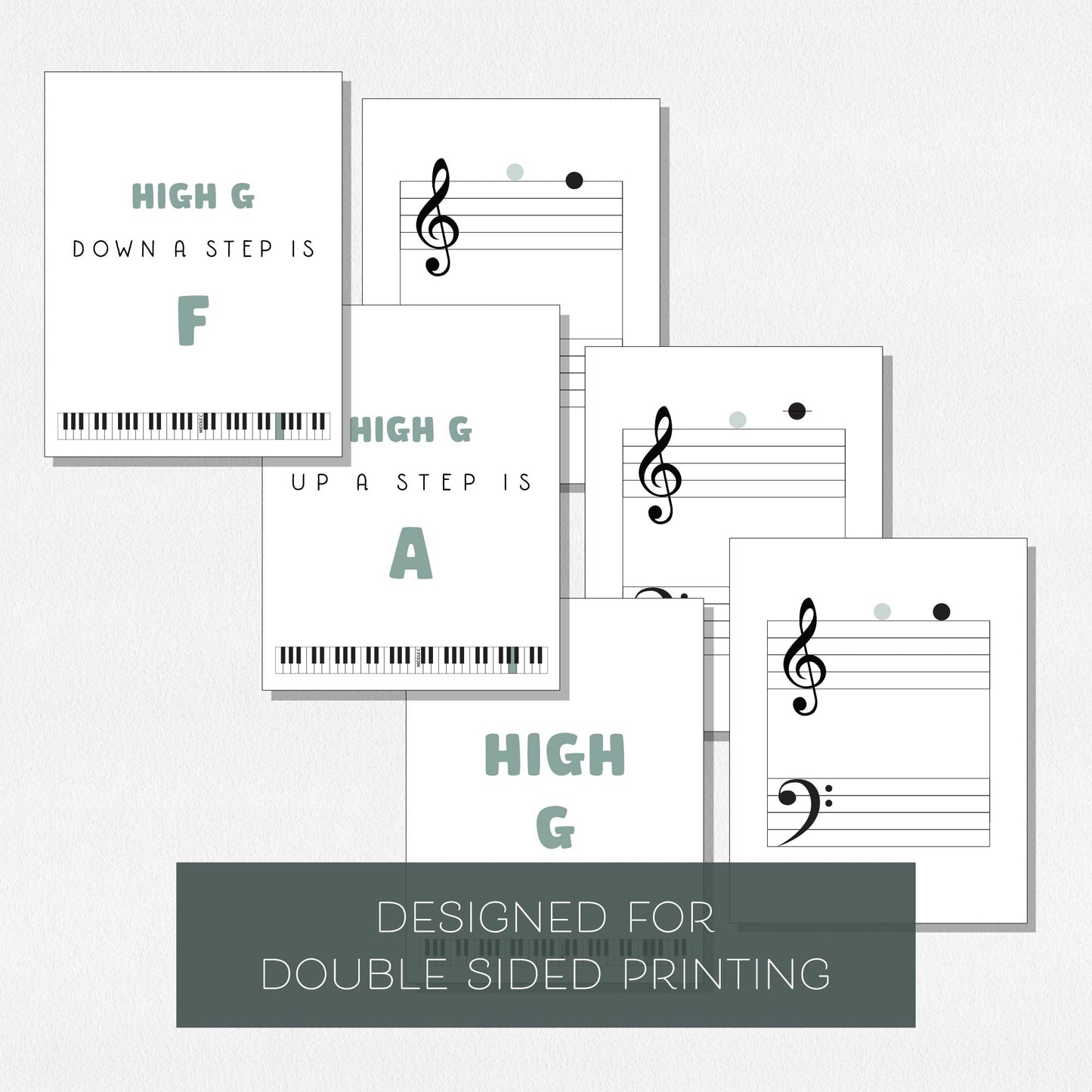 Flashcards with music notes on the grand staff and a text overlay that says "Designed for double sided printing." Shown on a neutral background.