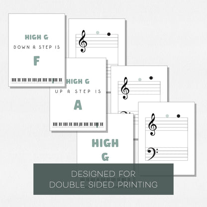 Flashcards with music notes on the grand staff and a text overlay that says "Designed for double sided printing." Shown on a neutral background.