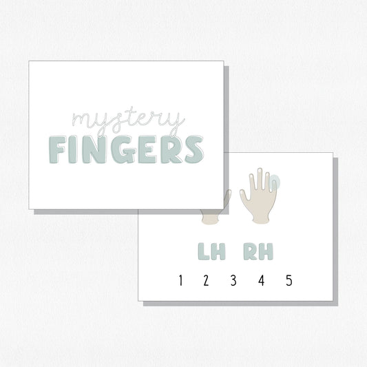 The cover card and one example card for the "Mystery Fingers" flashcards. Shown on a neutral colored background.