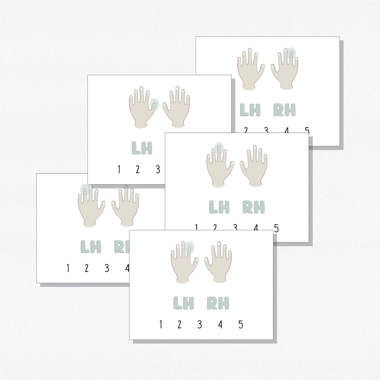 A Set of five cards showing a pair of hands for practicing finger numbers. Shown on a neutral colored background.