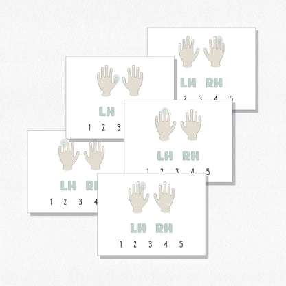 A Set of five cards showing a pair of hands for practicing finger numbers. Shown on a neutral colored background.