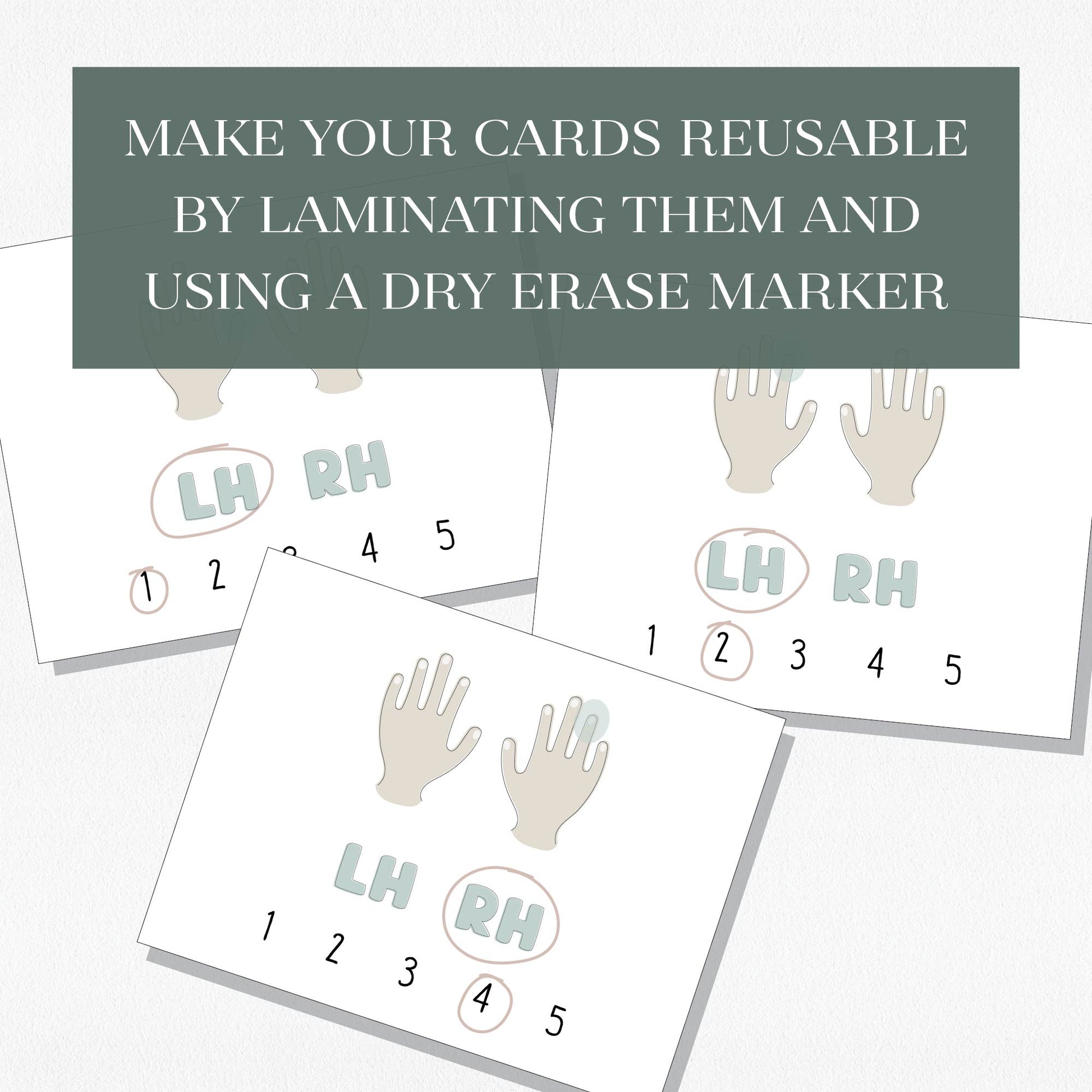 An example of three Mystery Fingers cards filled out, with a text overlay that says "Make your cards reusable by laminating them and using a dry erase marker." Shown on a neutral colored background.
