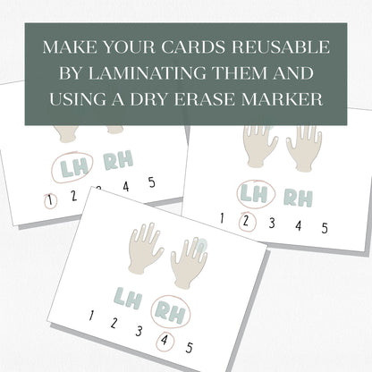 An example of three Mystery Fingers cards filled out, with a text overlay that says "Make your cards reusable by laminating them and using a dry erase marker." Shown on a neutral colored background.