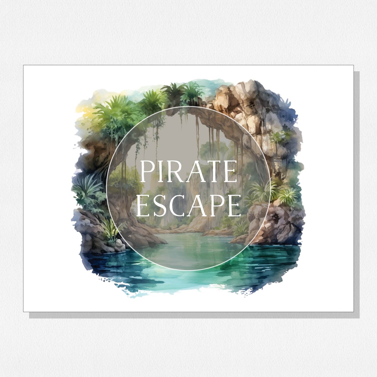 Cover photo with a watery landscape painting and text overlay that says "Pirate Escape." Shown on a neutral colored background.
