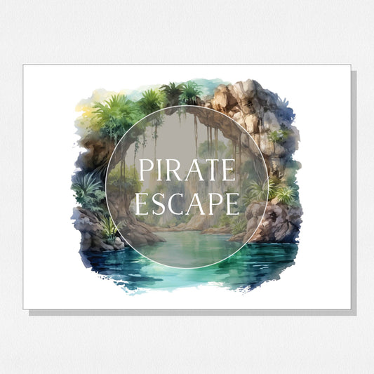 Cover photo with a watery landscape painting and text overlay that says "Pirate Escape." Shown on a neutral colored background.