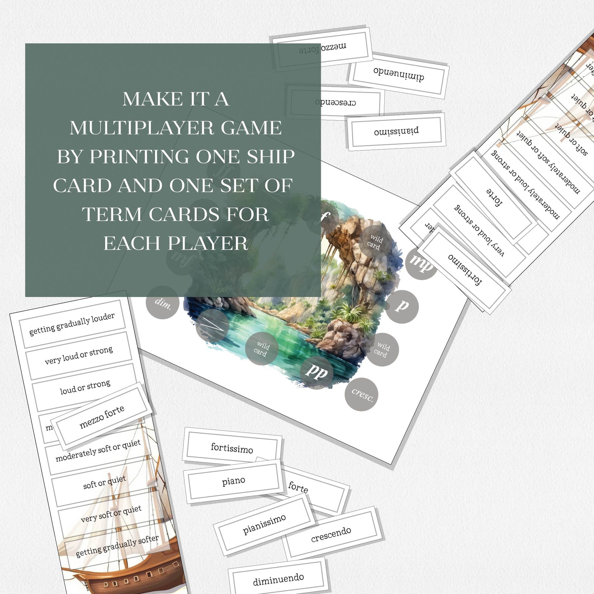 Spread of the pieces included in the Pirate Escape game and a text overlay that says "Make it a multi-player game by printing one ship card and one set of term cards for each player." Shown on a neutral colored background.