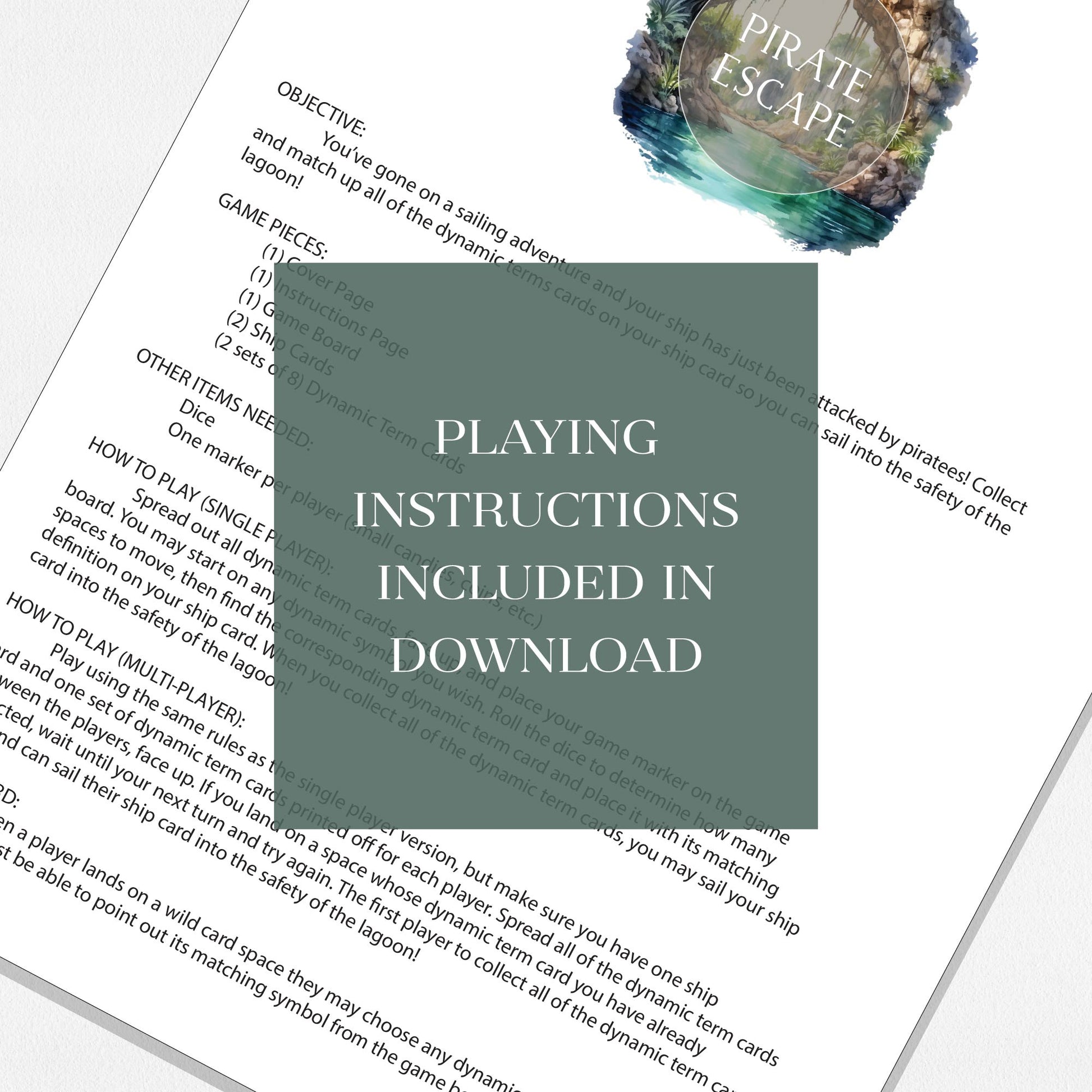 Photo of the game's instruction page with a text overlay that says "Playing instructions included in download." Shown on a neutral colored background.