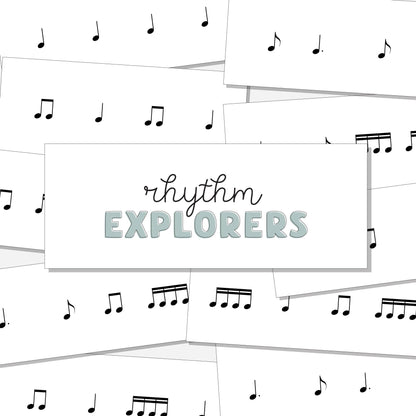 Collection of cards with rhythm exercises with top card that says "Rhythm Explorers." Shown on a neutral colored background.