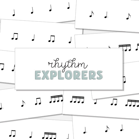 Collection of cards with rhythm exercises with top card that says "Rhythm Explorers." Shown on a neutral colored background.