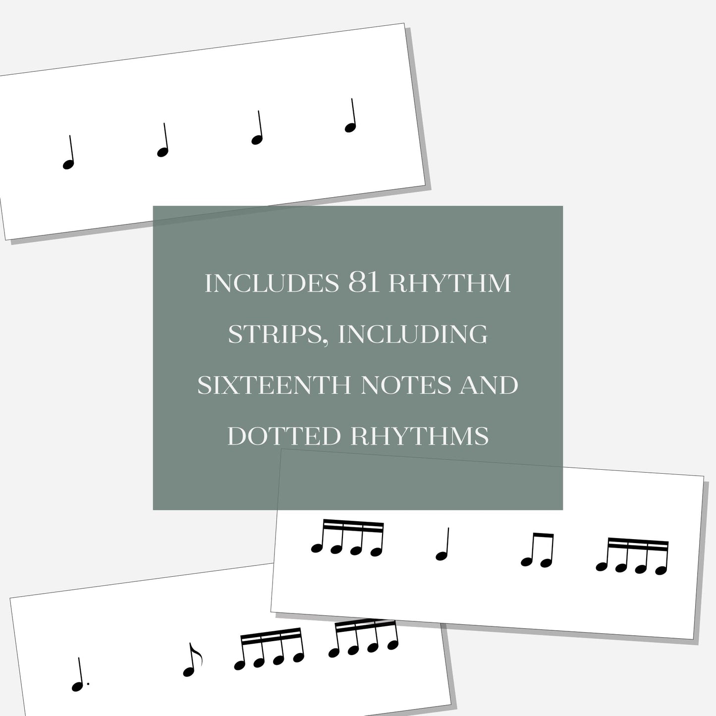 Three different rhythm exercise flash cards with a text overlay that says "Includes 81 rhythm strips, including sixteenth notes and dotted rhythms." Shown on a neutral colored background.
