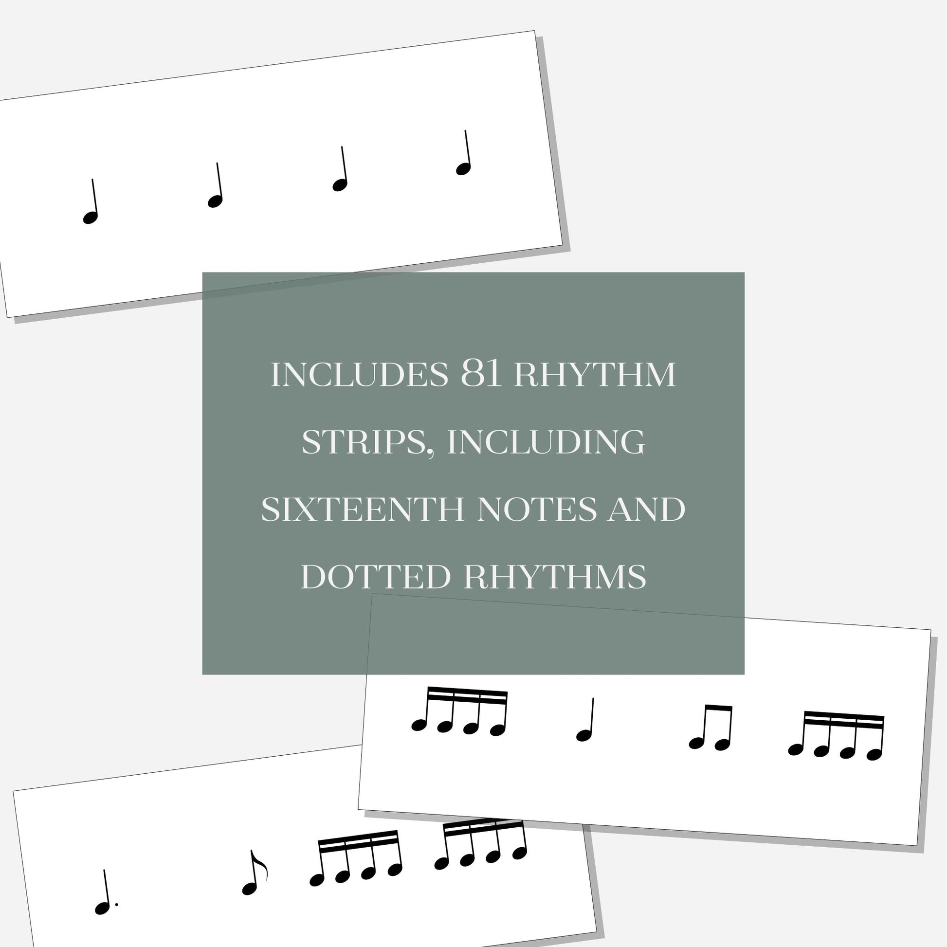Three different rhythm exercise flash cards with a text overlay that says "Includes 81 rhythm strips, including sixteenth notes and dotted rhythms." Shown on a neutral colored background.