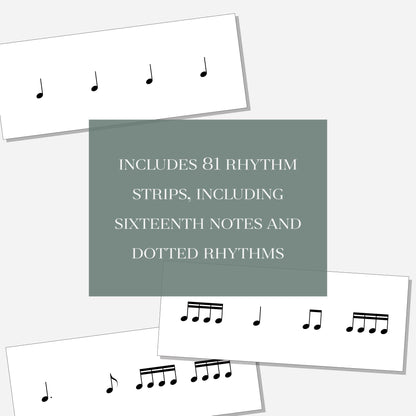 Three different rhythm exercise flash cards with a text overlay that says "Includes 81 rhythm strips, including sixteenth notes and dotted rhythms." Shown on a neutral colored background.