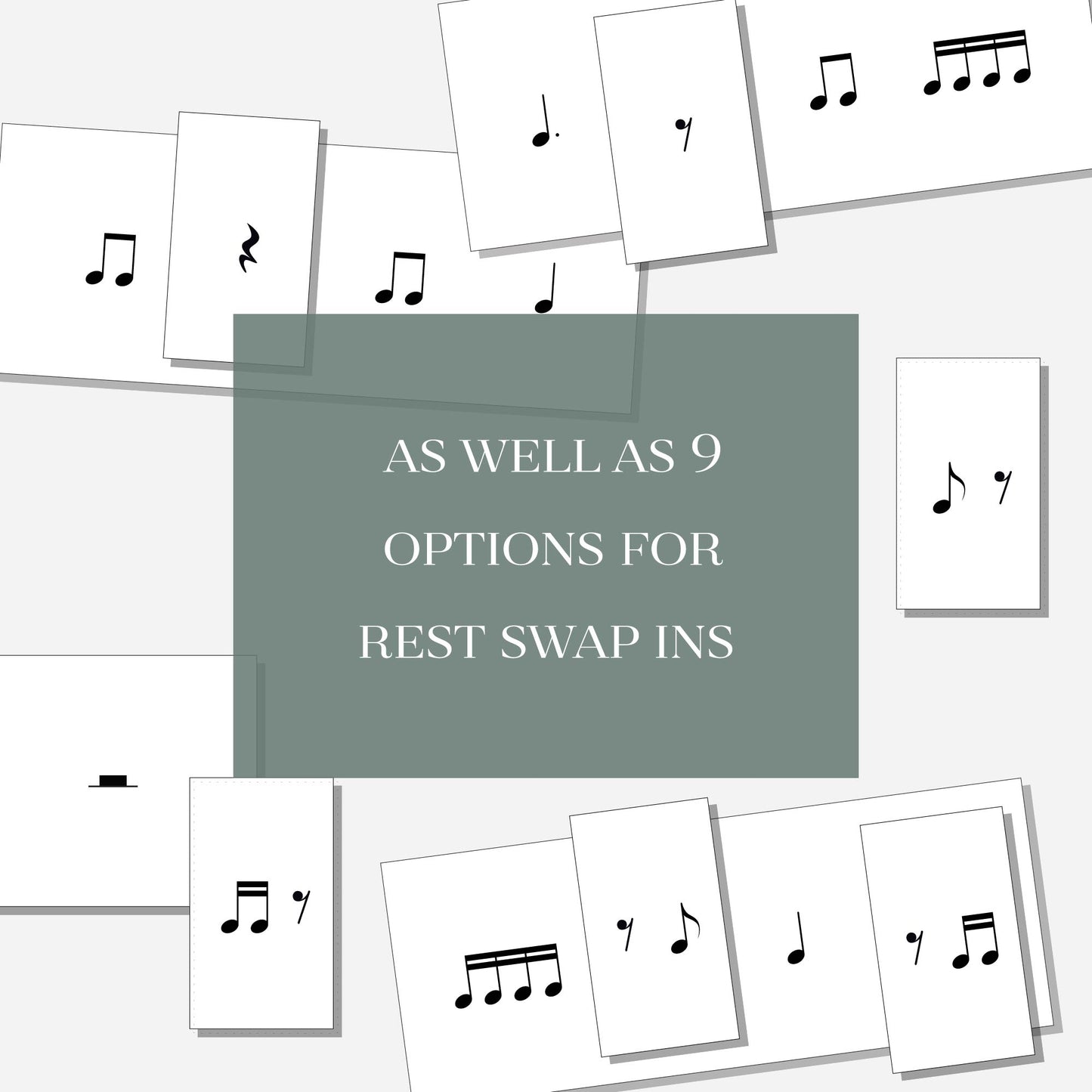 Three different rhythm exercise flash cards with several smaller cards with rest notation, and a text overlay that says "As well as 9 options for rest swap ins." Shown on a neutral colored background.