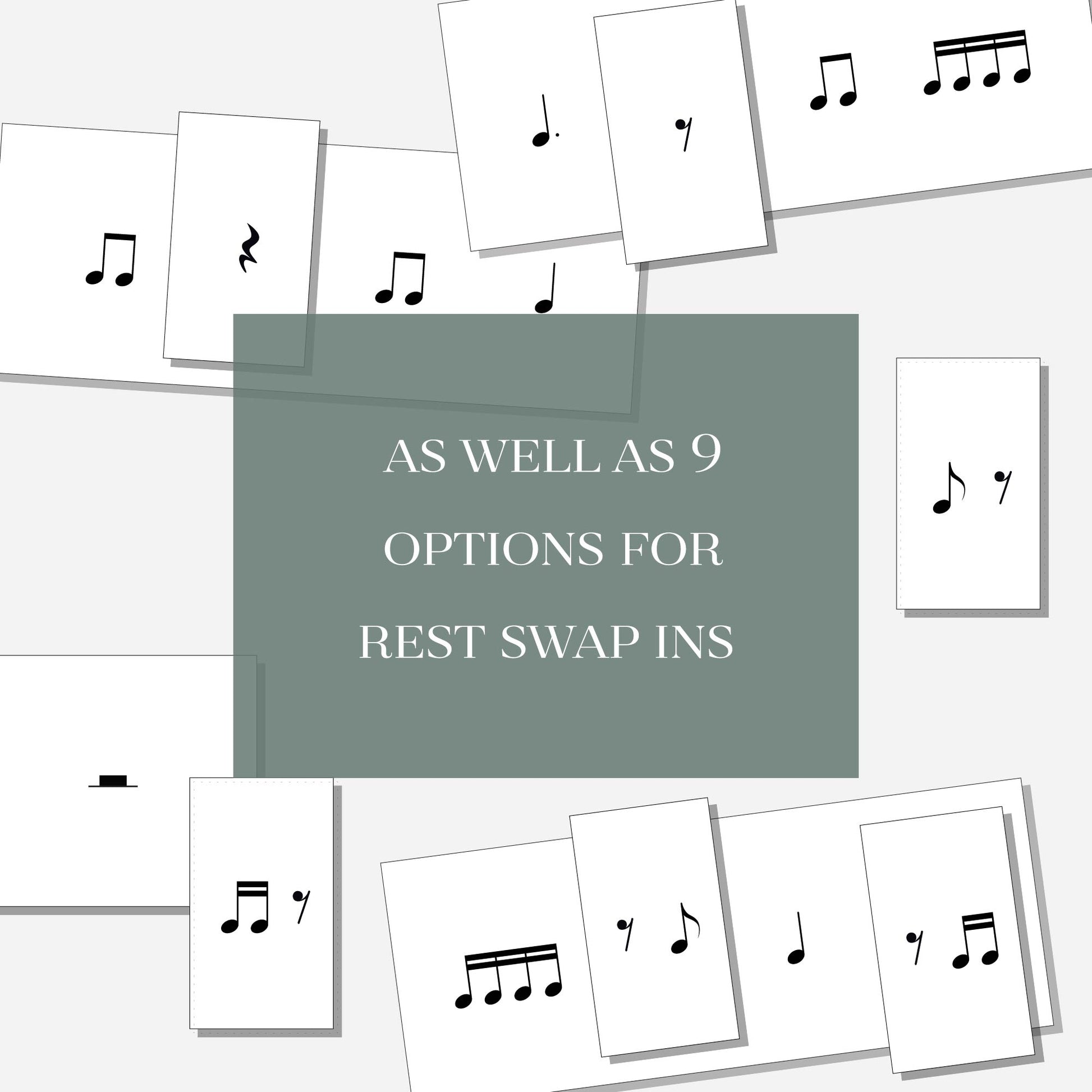 Three different rhythm exercise flash cards with several smaller cards with rest notation, and a text overlay that says "As well as 9 options for rest swap ins." Shown on a neutral colored background.