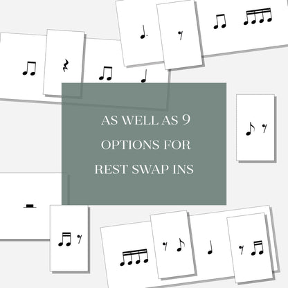 Three different rhythm exercise flash cards with several smaller cards with rest notation, and a text overlay that says "As well as 9 options for rest swap ins." Shown on a neutral colored background.