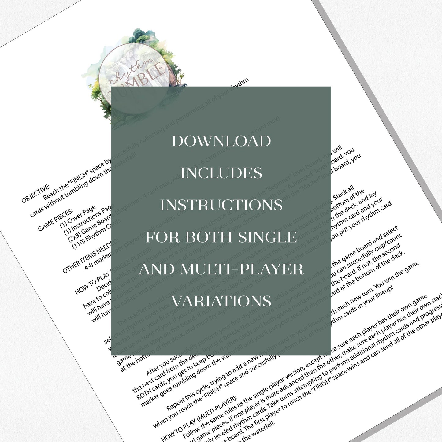 A copy of the game instructions page with a text overlay that says "Download includes instructions for both single and multi-player variations."