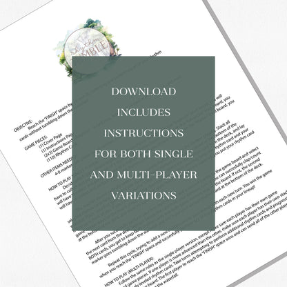 A copy of the game instructions page with a text overlay that says "Download includes instructions for both single and multi-player variations."