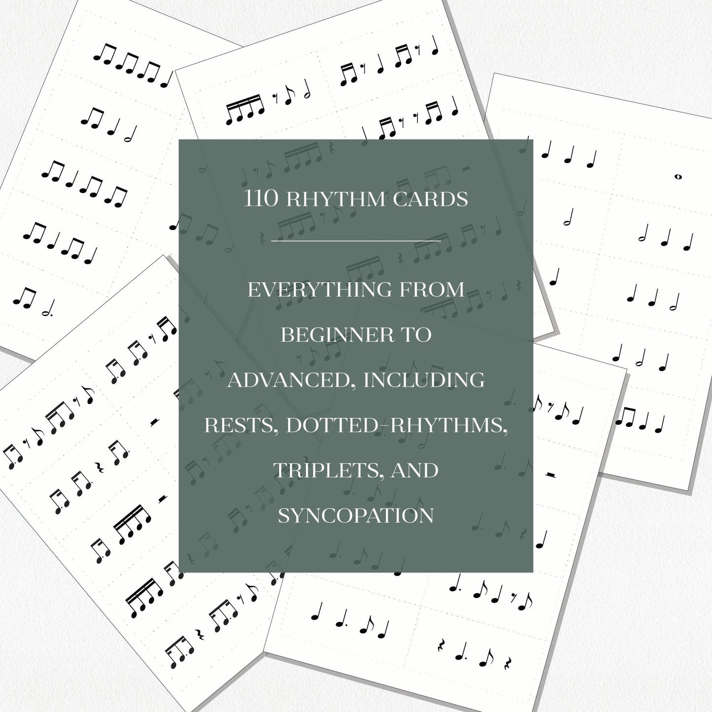 A sampling of some of the rhythm card pages included in the game, with a text overlay that says "110 Rhythm cards. Everything from beginner to advanced, including rests, dotted-rhythms, triplets, and syncopation." Shown on a neutral colored background.
