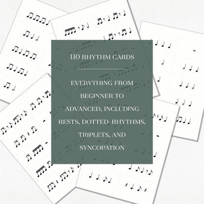A sampling of some of the rhythm card pages included in the game, with a text overlay that says "110 Rhythm cards. Everything from beginner to advanced, including rests, dotted-rhythms, triplets, and syncopation." Shown on a neutral colored background.