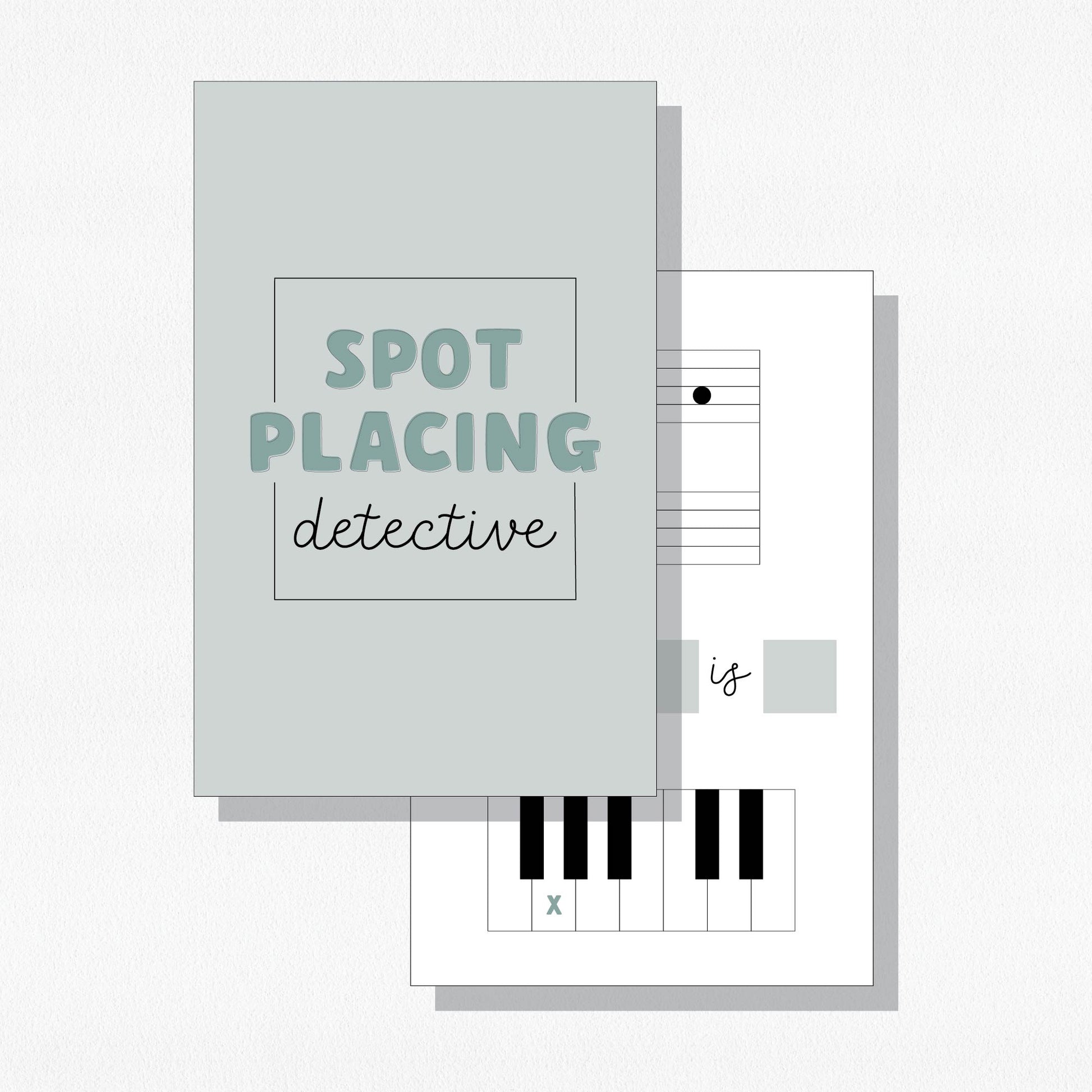 Two cards from a set of music theory flashcards called "Spot Placing Detective." Shown on a neutral colored background.