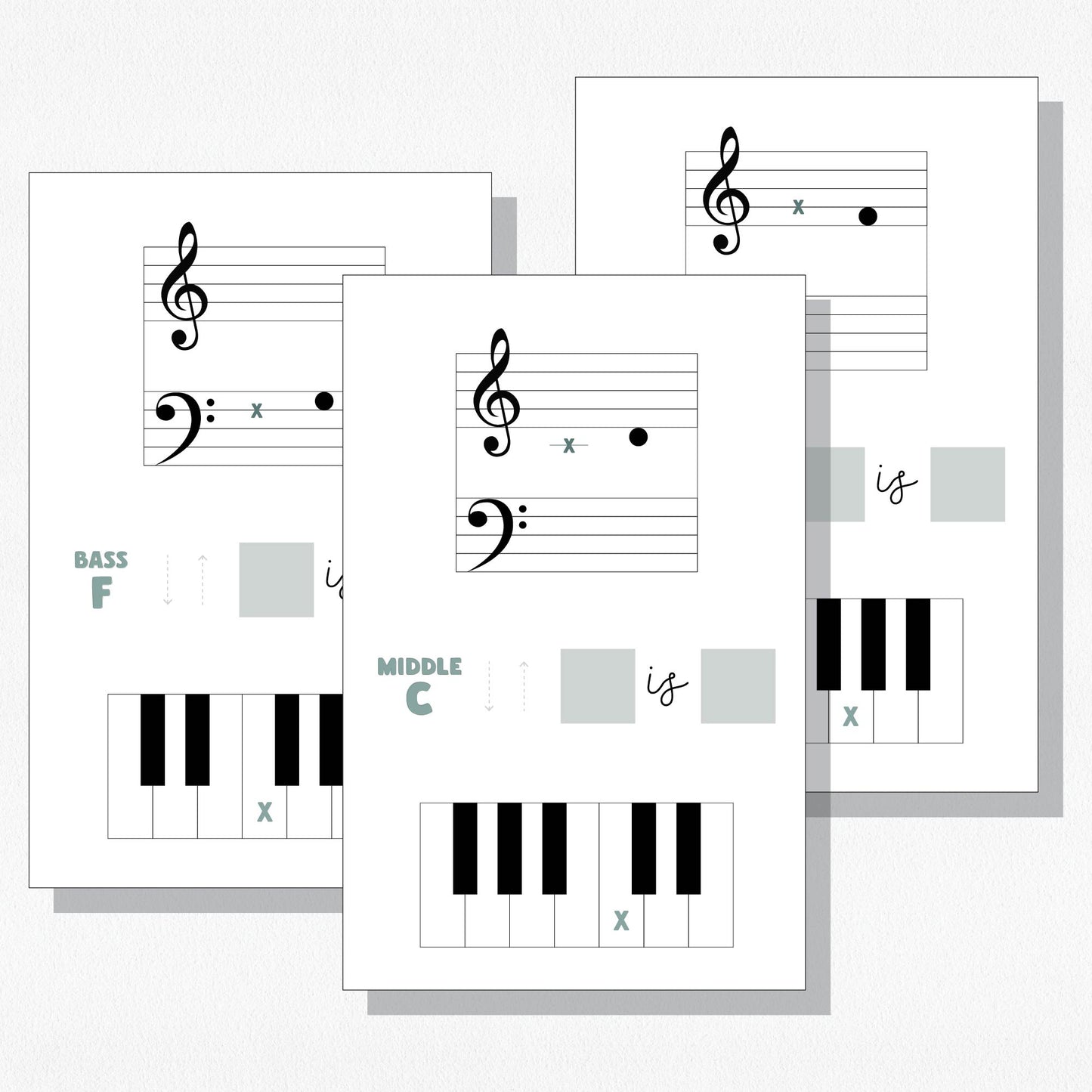 Three music theory flashcards from the "Spot Placing Detective" flashcard set. Shown on a neutral colored background.